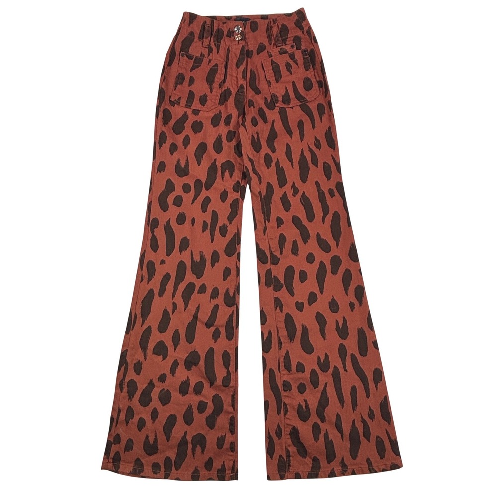 Maeve Anthropologie Leopard Print Wide Leg Flare Pants Rust Orange Brown Size 24